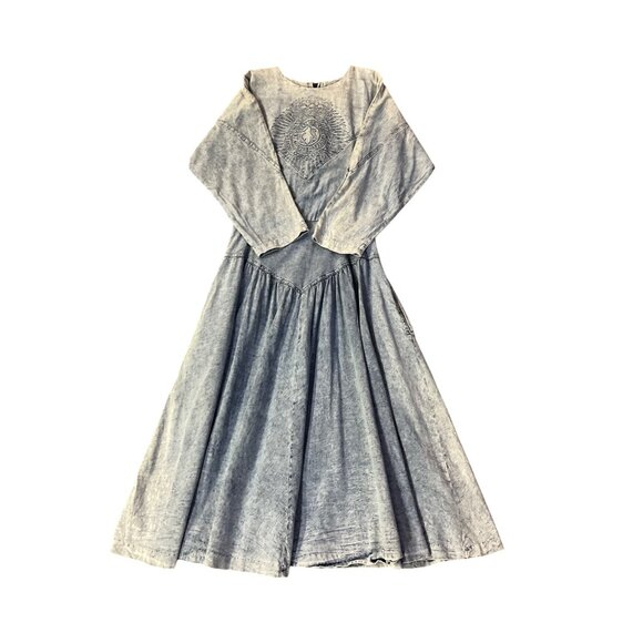 Vintage Colours Blue Denim Dress Womens 12 With Embroidered Detail & Back Zipper - Picture 3 of 16